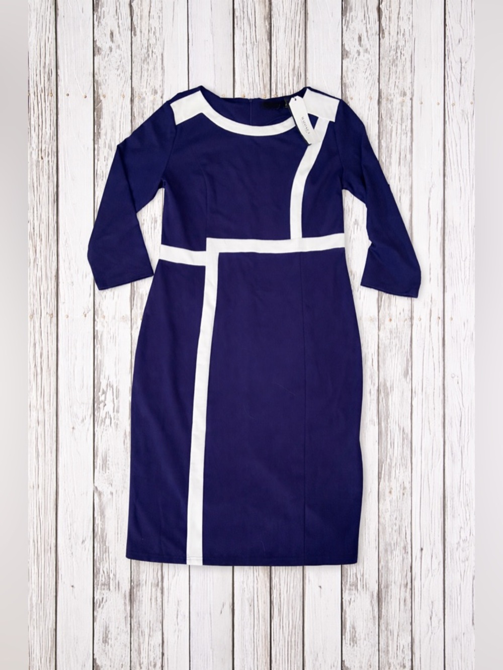 Navy Blue & White Contrast Sheath Dress
